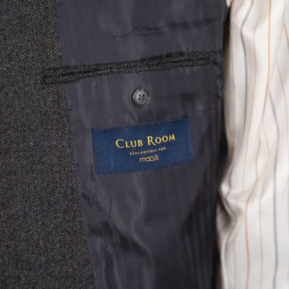 Men's Classic Wool Cashmere Blazer Sport Coat Size 46L Gray Herringbone Woolmark - Picture 11 of 13